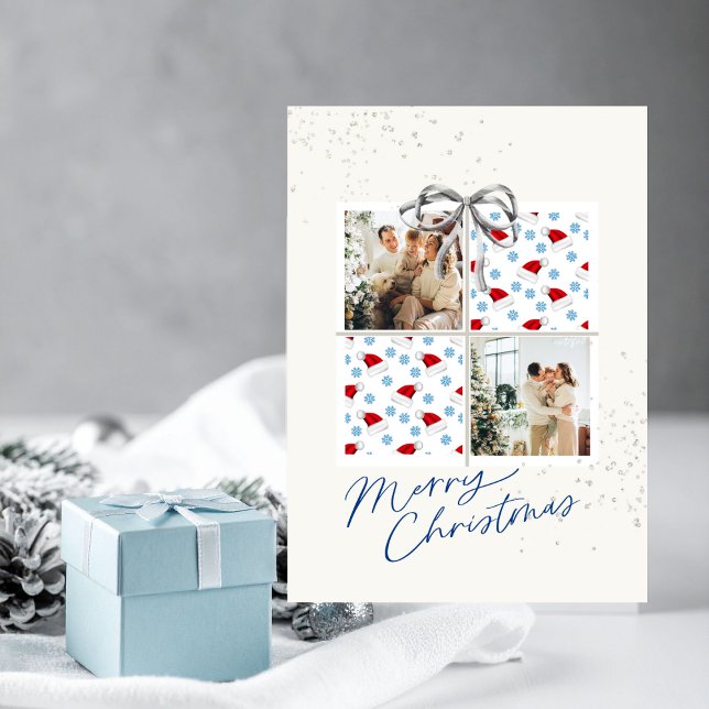 2-Photo X-mas Present Card Santa Hats Silver Bow Einladung (Christmas card with two photo frames and festive holiday details in hues of blue)