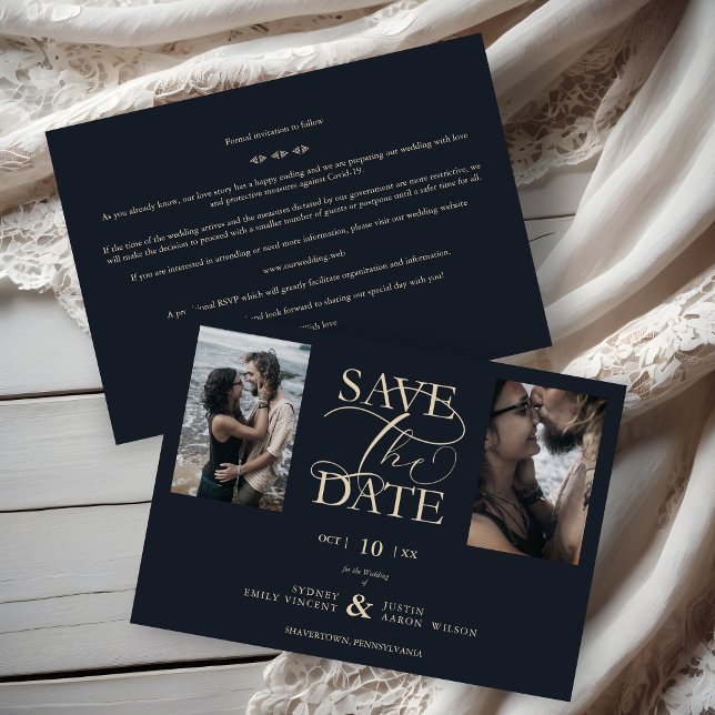 2 Photos Blue Chic Trendy Collage Wedding Covid19 (Blue Marine Chic Trendy Collage Wedding 2 Photos Save the Date. )