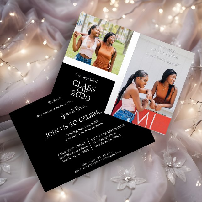 2 Photos Graduates Simple Graduation Real Folieneinladung (Minimal 2 Photos Graduates Twins Simple Graduation Real Metallic Foil Invitation Card.)