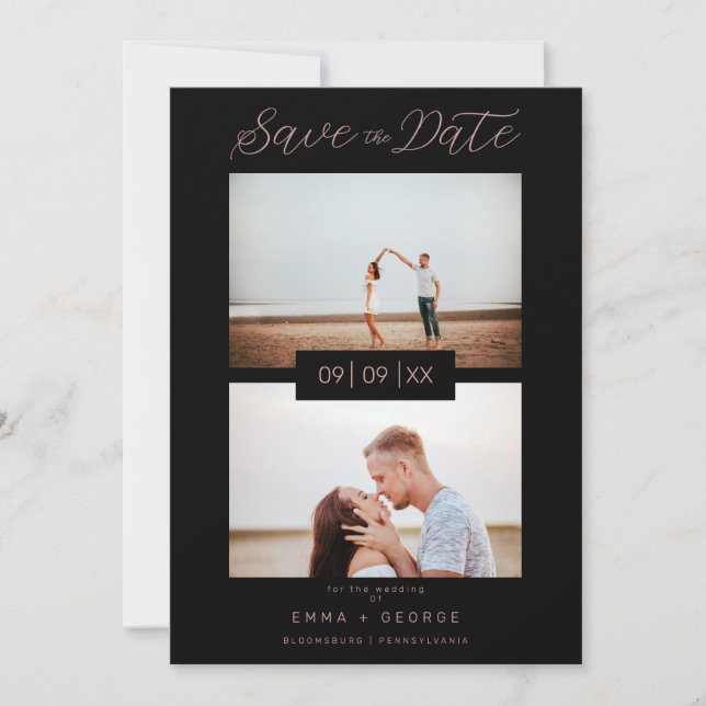2 Photos Modern Collage Wedding Wimshical Script Save The Date (Vorderseite)