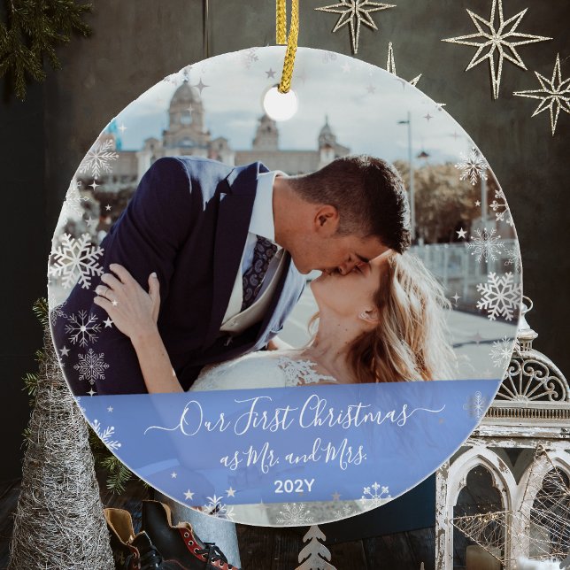 2 Photos Our First Christmas Mr Mrs Elegant Snow Keramik Ornament (Personalized Our First Christmas ornament for newlyweds. 2 Photos. Elegant calligraphy, snowflakes)