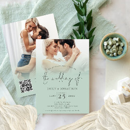  2 Photos Overlay Script QR Code Sage Wedding  Einladung