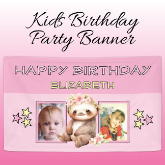 2 photos sloth birthday name kids pink party banner