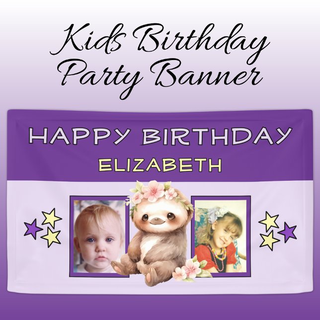2 photos sloth birthday name kids purple party banner (Von Creator hochgeladen)