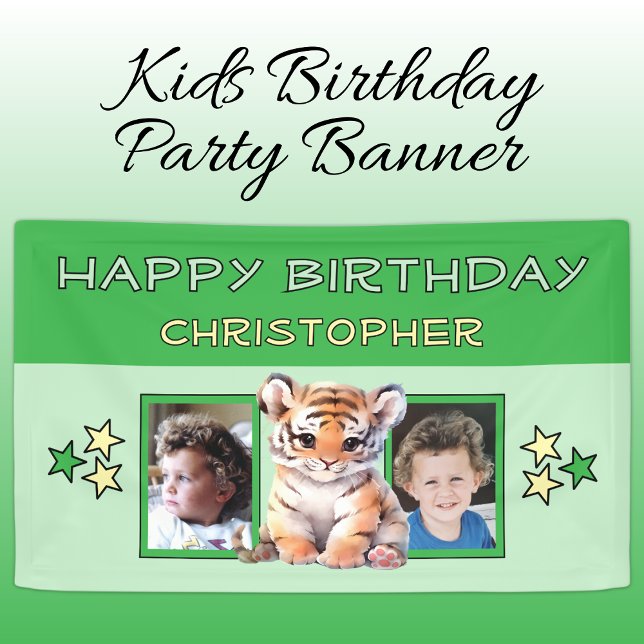 2 photos tiger birthday name kids green party banner (Von Creator hochgeladen)
