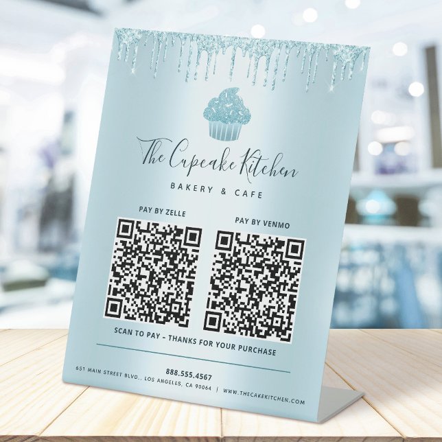 2 QR Code Bezahlung hier Blue Cupcake Glitzer Bäck Sockelschild (Von Creator hochgeladen)