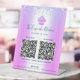 2 QR Code Bezahlung hier Lila Cupcake Glitzer Bäck Sockelschild