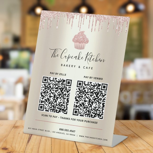 2 QR Code Bezahlung hier Rosa Cupcake Glitzer Gold Sockelschild (Von Creator hochgeladen)