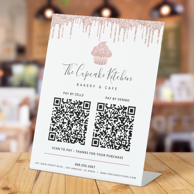 2 QR Code Bezahlung hier Rosa Rose Gold Cupcake Gl Sockelschild (Von Creator hochgeladen)