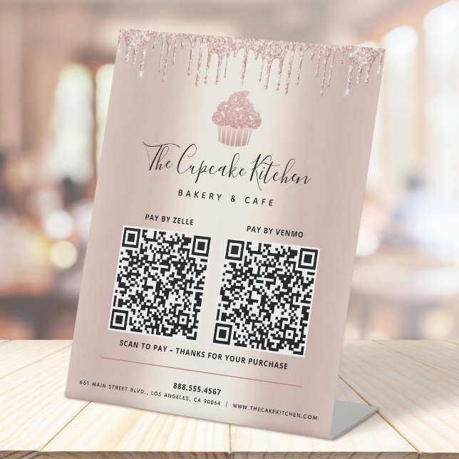 2 QR Code Bezahlung hier Rose Gold Cupcake Glitzer Sockelschild (Von Creator hochgeladen)
