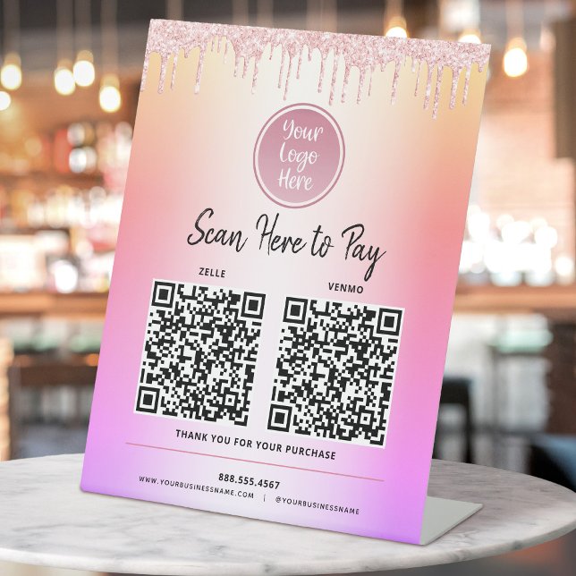 2 QR-Code Logo Rosa Glitzer Pay Here Rainbow Ombre Sockelschild (Von Creator hochgeladen)