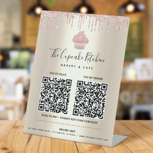 2 QR-Code Zahl hier Rosa Cupcake Glitter Goldtropf Sockelschild
