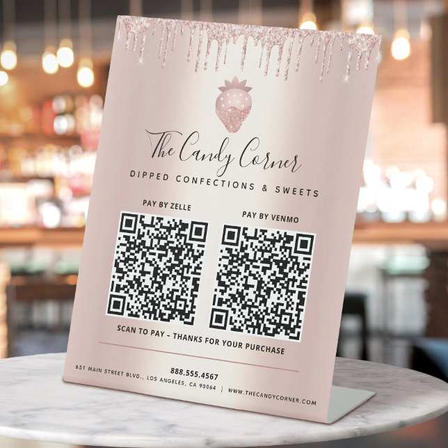 2 QR Codes Bezahlung hier Rose Gold Glitzer Tropfe Sockelschild (Von Creator hochgeladen)