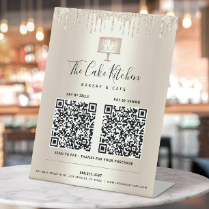 2 QR Codes hier Bezahlung Gold Cake Bäckerei Glitz Sockelschild