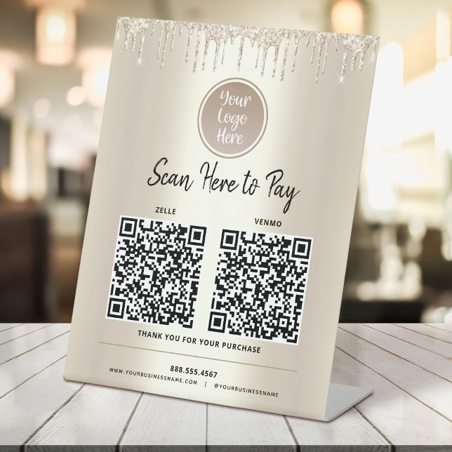2 QR Codes hier Gold Glitzer Tropfen Benutzerdefin Sockelschild (Von Creator hochgeladen)