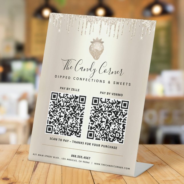 2 QR Codes hier Gold Glitzer Tropfen Erdbeere zahl Sockelschild (Von Creator hochgeladen)