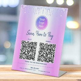 2 QR-Codes hier Lila Logo für Glitzer Sockelschild