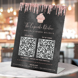2 QR Codes hier Pink Cupcake Glitzer Schwarz Sockelschild