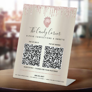 2 QR Codes hier Pink Glitzer Tropfen Süßigkeiten G Sockelschild