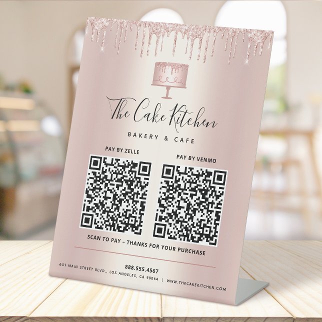 2 QR Codes hier Rose Gold Cake Bäckerei Glitzer Sockelschild (Von Creator hochgeladen)