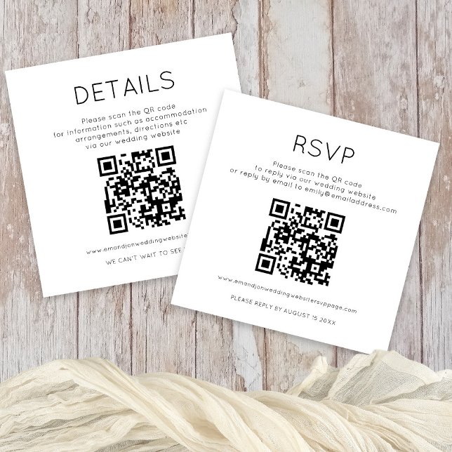 2 QR Codes Schwarz-weiße Hochzeitdetails UAWG Begleitkarte (Front and Back View All in One RSVP and Details mini enclosure wit two QR codes)