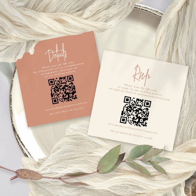 2 QR Codes Terracotta Cream Wedding Details UAWG Begleitkarte (Front and Back View All in one RSVP and Details Card with 2 QR codes)