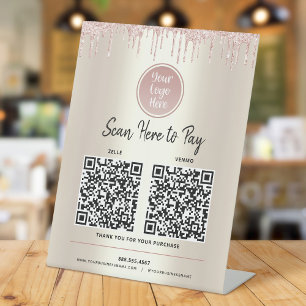 2 QR Codes Zahlen Hier Rosa Glitter Gold Benutzerd Sockelschild