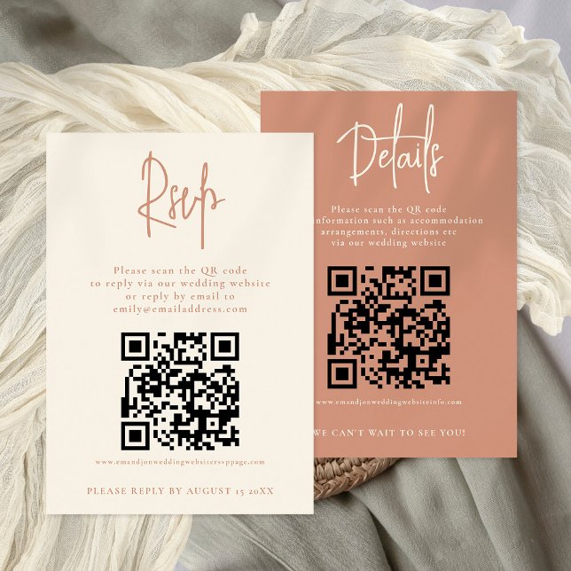 2 QRs Terracotta Cream Wedding Details RSVP Karte (Front and back view. Combined  RSVP and Details. 2 QR codes. Available digitally or printed)