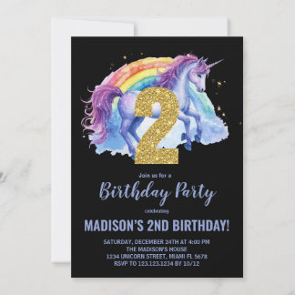 2. Rainbow Unicorn Geburtstag Einladungen