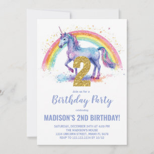 2. Rainbow Unicorn Geburtstag Einladungen