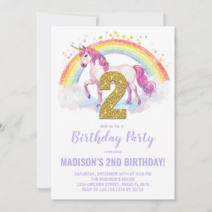 2. Rainbow Unicorn Geburtstag Einladungen