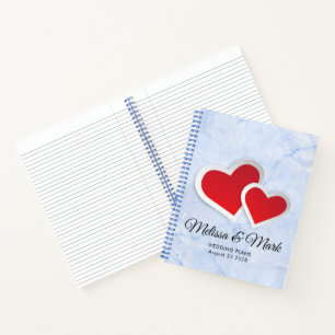 2 Red Hearts on Icy Blue Marble Wedding Plans Notizbuch