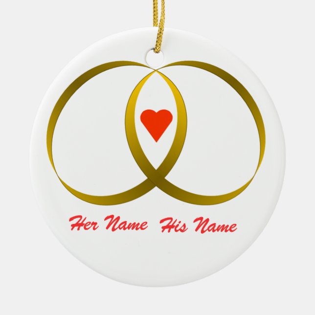 2 Ringe & Herz, Ihr Name, sein Name Keramik Ornament (Vorne)
