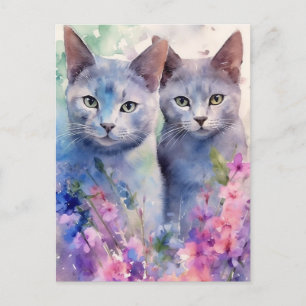 2 Russische Blaukatzen Blumenfeld Postkarte