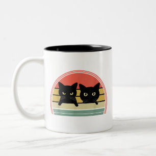 2 Schwarze Katzen Peeking Vintage Retro Katze Lieb Zweifarbige Tasse