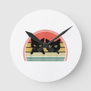 2 schwarze Katzen spähen Vintage Retro Katze Tierl Runde Wanduhr