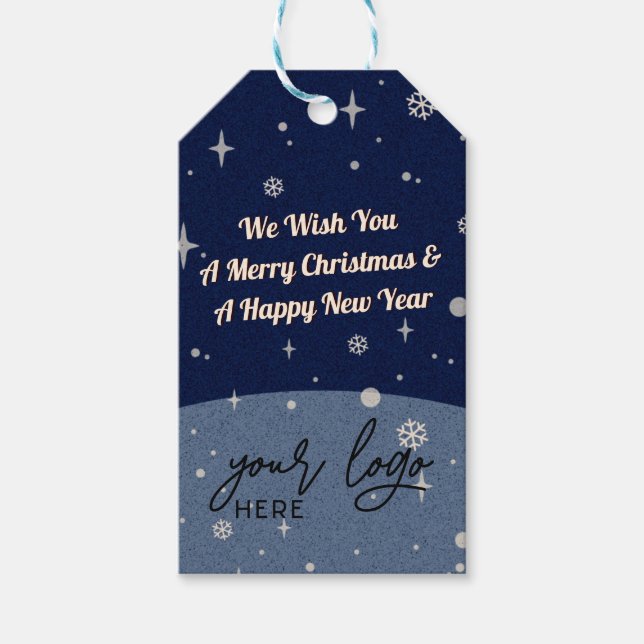 2 Seiten Business-Logo und QR-Code Blau Weihnachte Geschenkanhänger (Vorderseite)