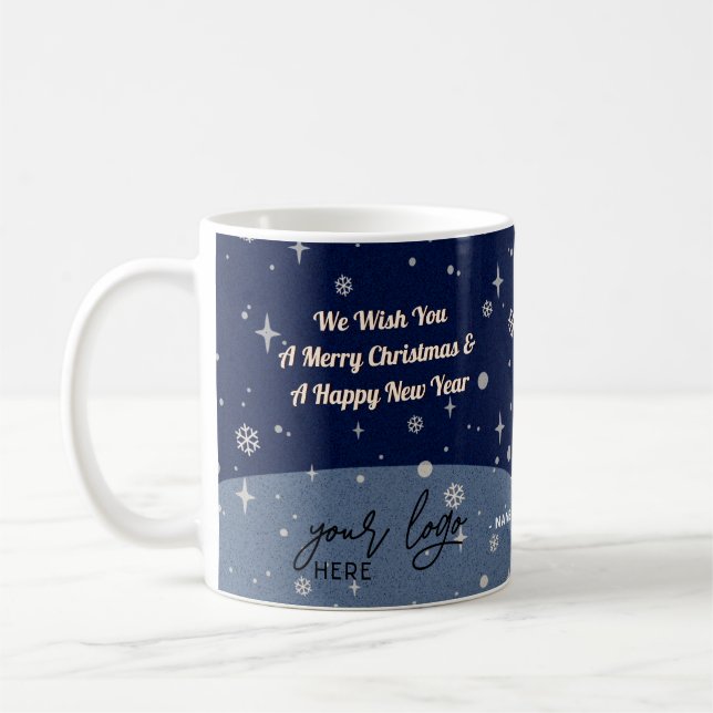 2 Seiten Business-Logo und QR-Code Blau Weihnachte Kaffeetasse (Links)