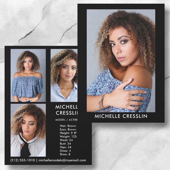 2-seitige 4-Foto-Modellschauspieler Comp Zed Card  Einladung (Available in high quality print or digital download for quick messaging, email or self printing.)