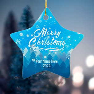 2-seitige Custom Blue Snow Forest Weihnachtsstern Keramik Ornament
