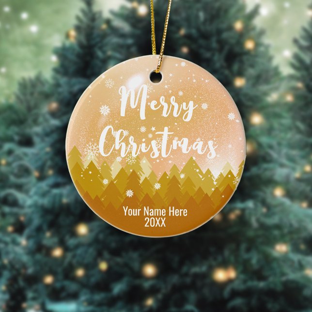 2-seitige Custom Gold Snow & Forest Frohe Weihnach Keramik Ornament (Von Creator hochgeladen)