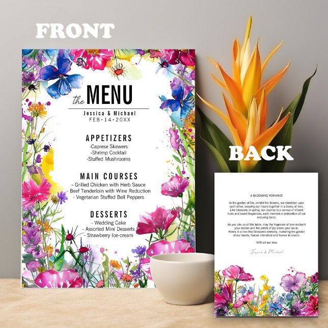 💓 2-seitige Hochzeitsmenü Meadow Bloom Sammlung Menükarte (💓2 sided wedding menu Meadow Bloom collection. Add matching stationery to your shopping basket)