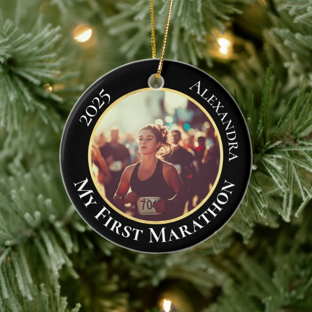 2-Sided Customizable Photo Sports Marathon Running Keramik Ornament (Baum)