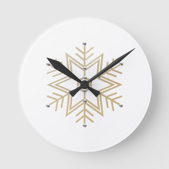 2-Silber und Gold Snowflake 3-D Look Runde Wanduhr (Vorderseite)