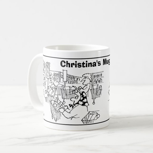 2 Supermarkt Cartoon auf einer Tasse. Name hinzufü Kaffeetasse (Vorderseite Links)