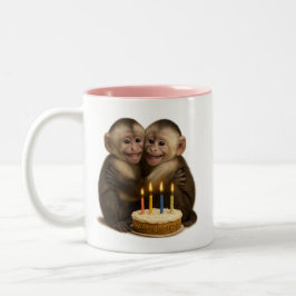 2 sweet Capuchin monkeys lovingly embrace + cake Zweifarbige Tasse