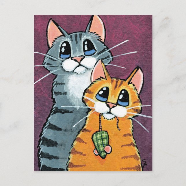 2 Tabby Katzen mit Toy Mouse Illustration Postkarte (Vorderseite)