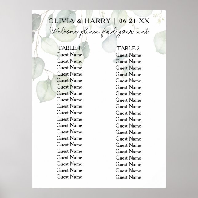 2 Tabelle Aquarellfarben Ecalyptus Hochzeitsstift Poster (Vorne)