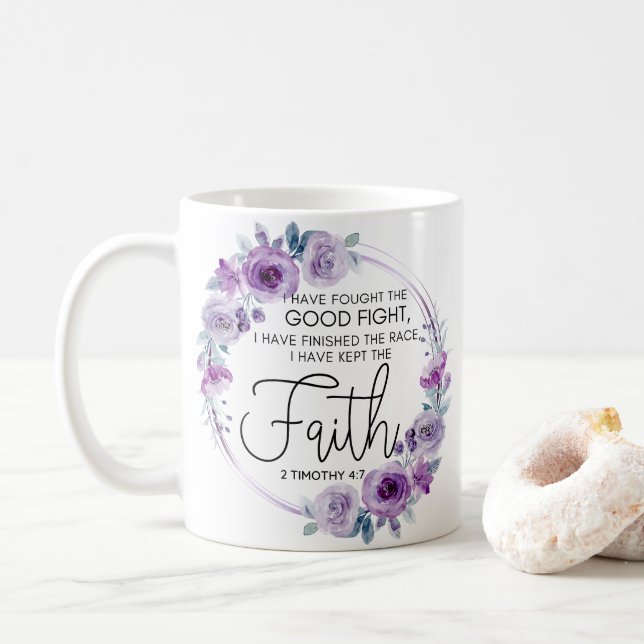2 Timothy 4:7 Ich habe den Glauben Lila Floral beh Kaffeetasse (Mit Donut)