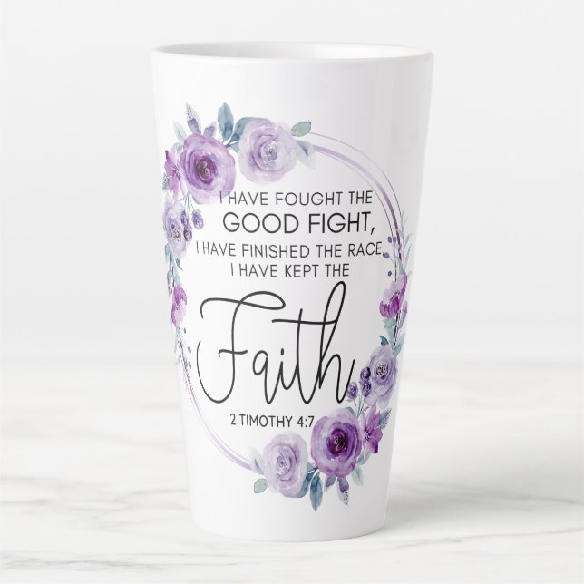 2 Timothy 4:7 Ich habe den Glauben Lila Floral beh Milchtasse (Vorderseite)